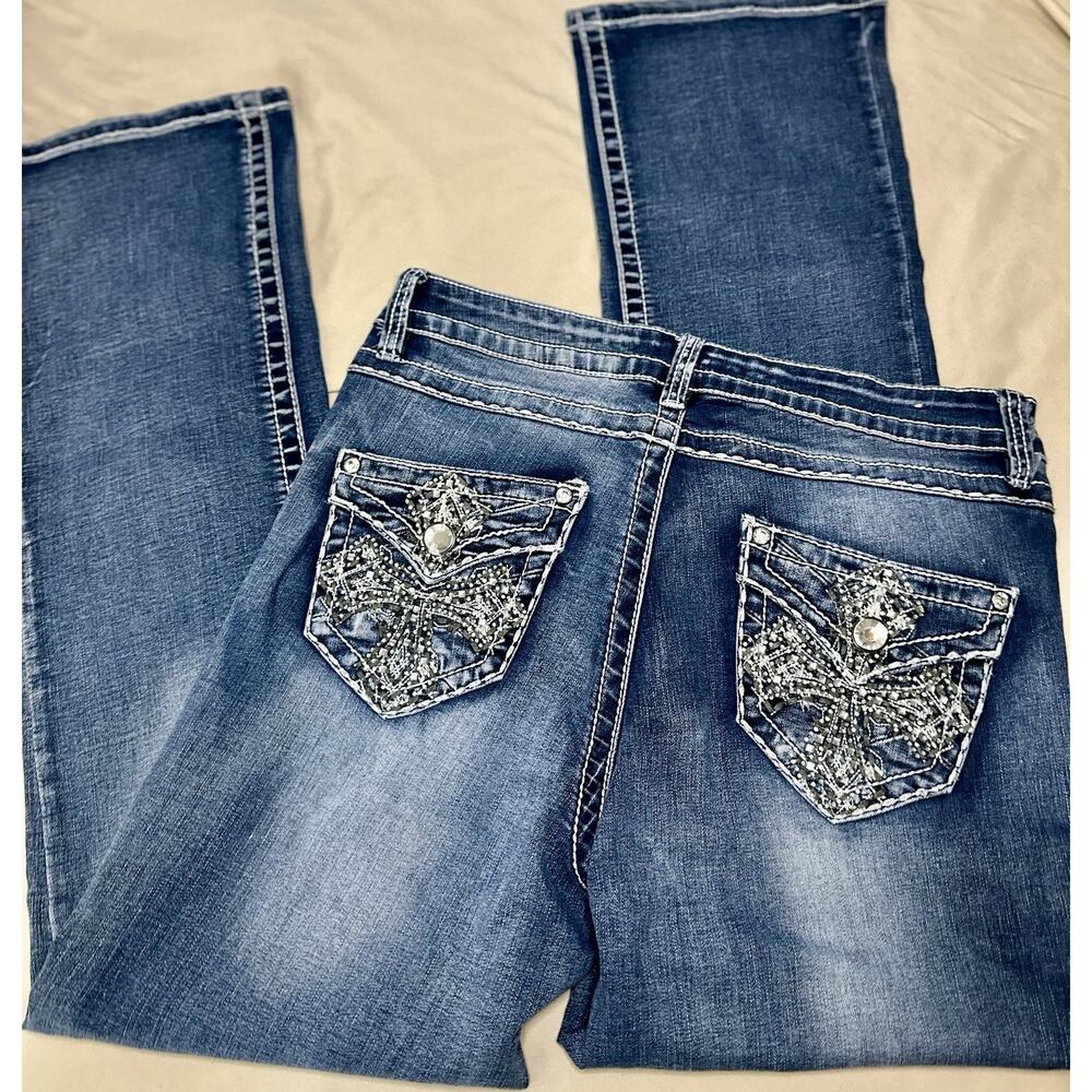 Rebel Soul Bedazzled Cross Chrome Hearts Inspired Denim Bootcut Jean Size 14